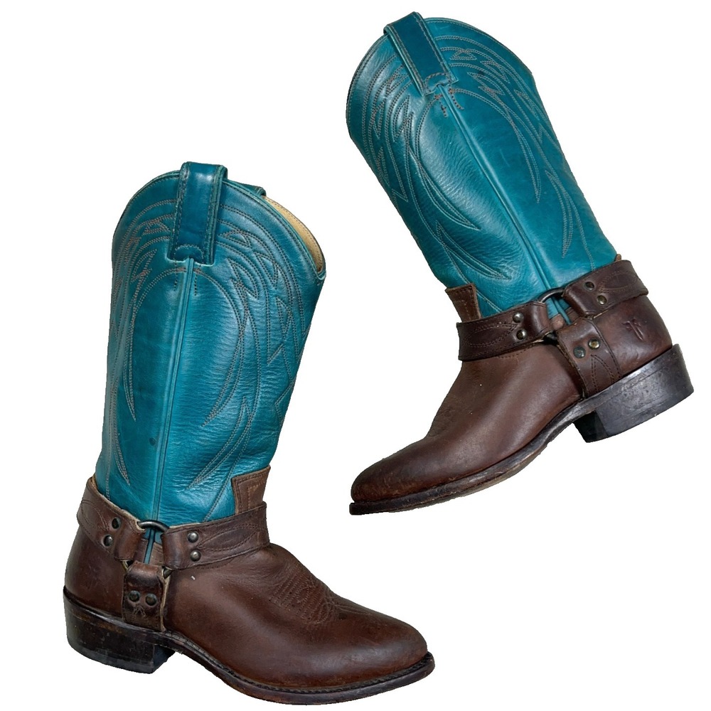 FRYE Billy Harness Turquoise Teal Brown Leather Western Cowgirl Boots Women 7 B